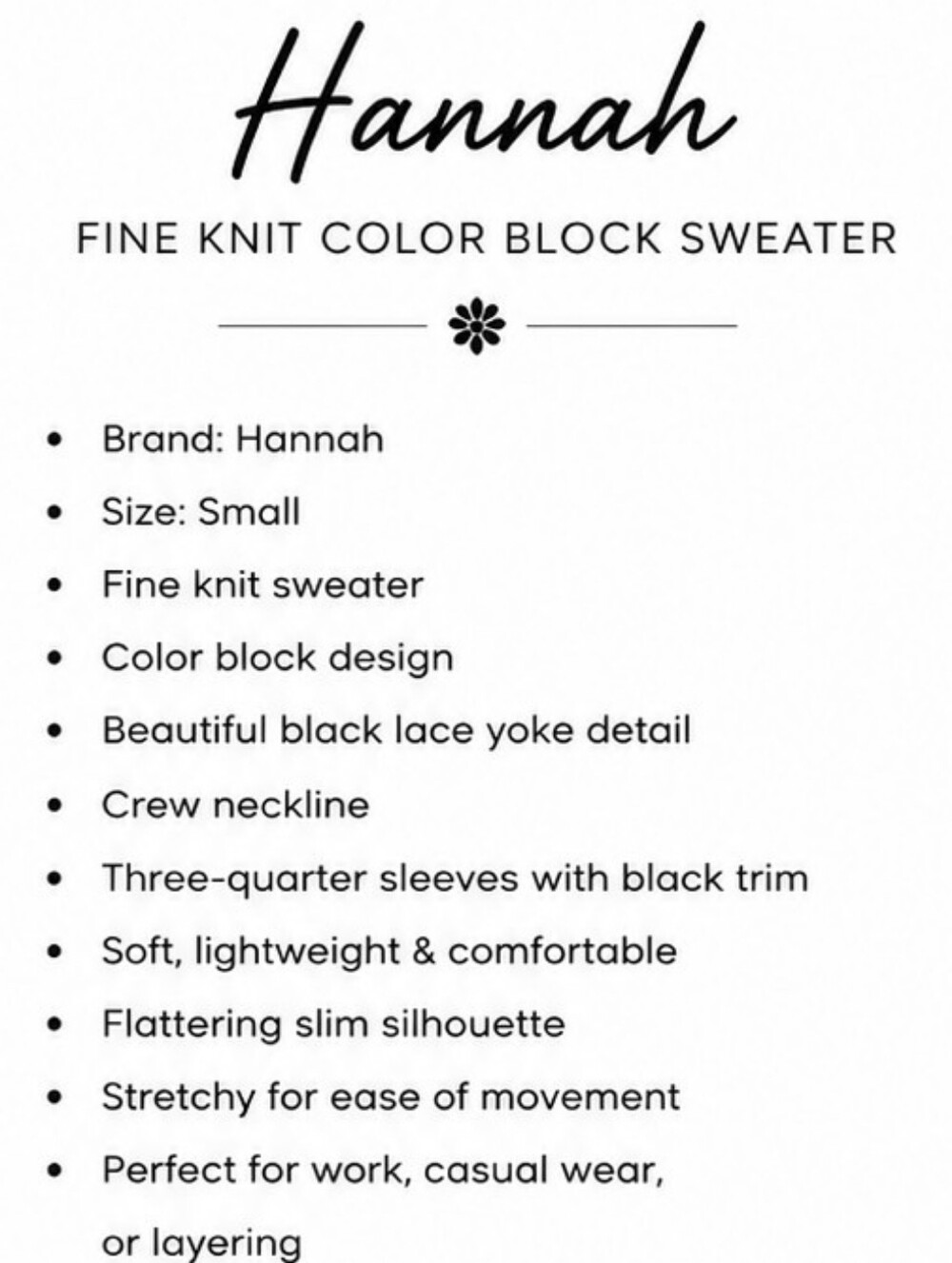Hannah Fine Knit Color Block Lace Yoke Sweater Size Small - Picture 4 of 4
